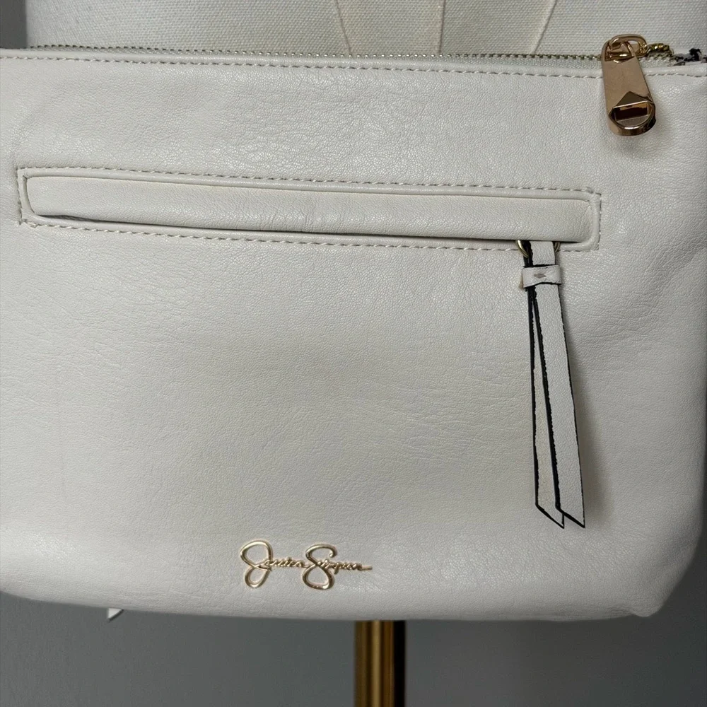 Jessica Simpson White Faux Leather Crossbody with Gold Chain Accents